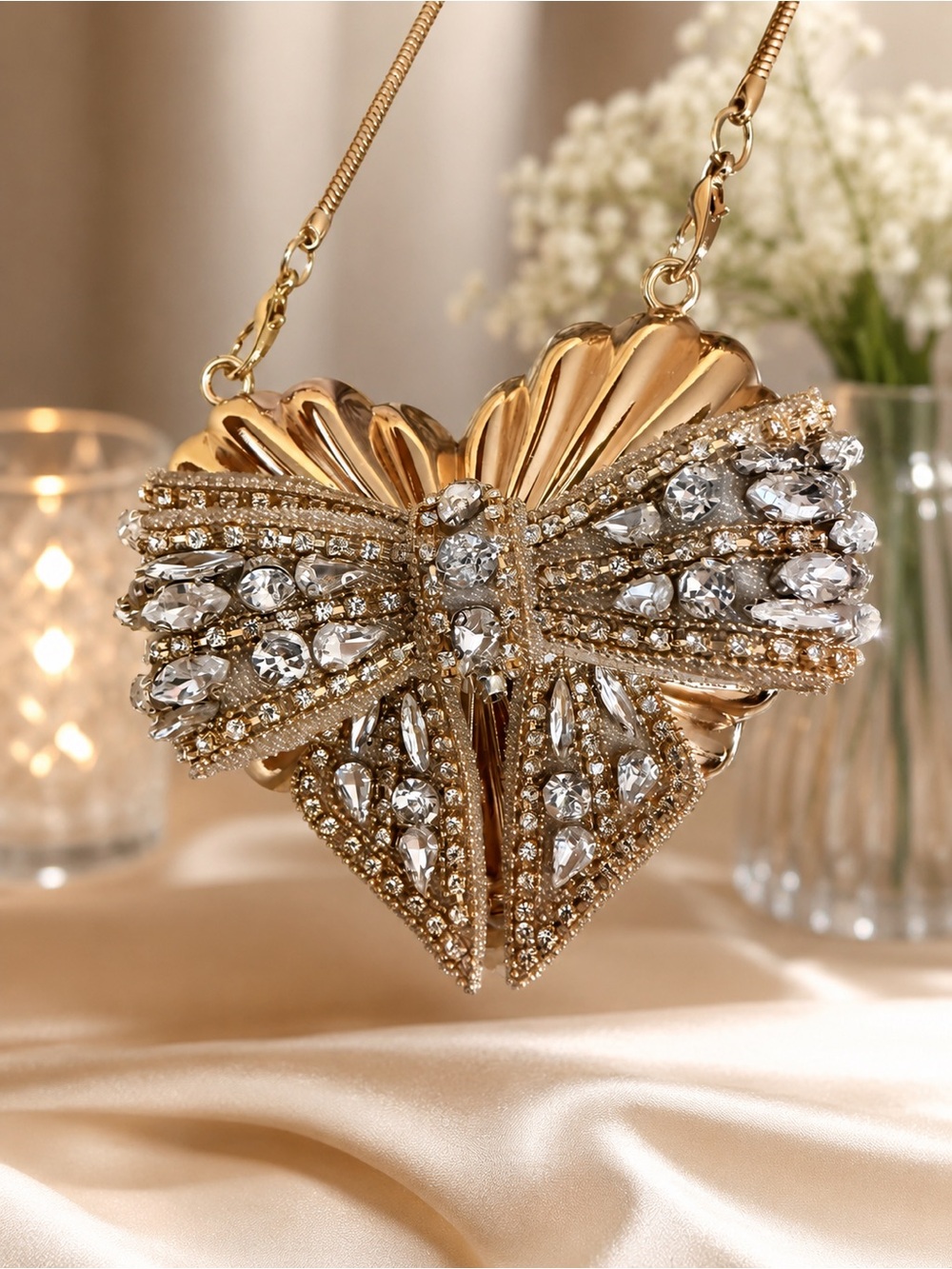 Gold Heart Crystal Evening Bag - Women Bags